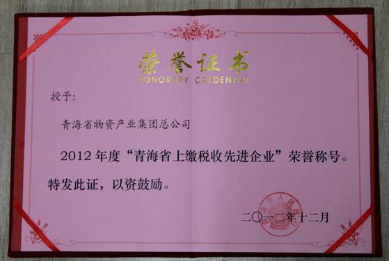 集團榮獲2012年度&ldquo;青海省上繳稅收先進企業(yè)&rdquo;榮譽稱號